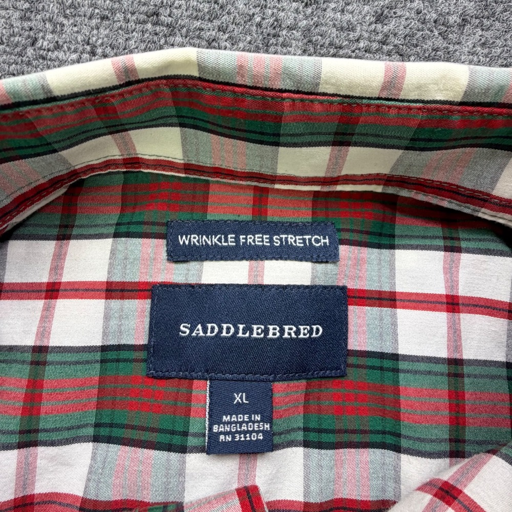 Saddlebred Mens XL Plaid Button Down Shirt Wrinkle Free Stretch Red Green White - Picture 4 of 7